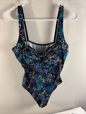 Calvin Klein Black One-Piece Swimsuit with Teal, Purple & Yellow Print
